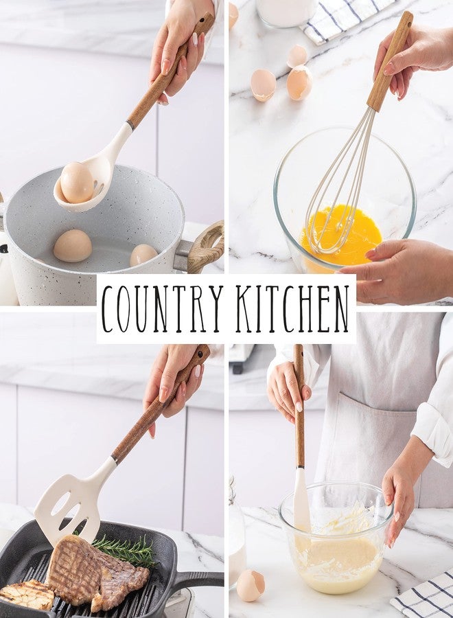 Country Kitchen طقم أدوات مطبخ من السيليكون غير اللاصق من كانتري كيتشن بمقابض خشبية مستديرة للطبخ والخبز، طقم من 8 قطع، لون كاكي - Image 4